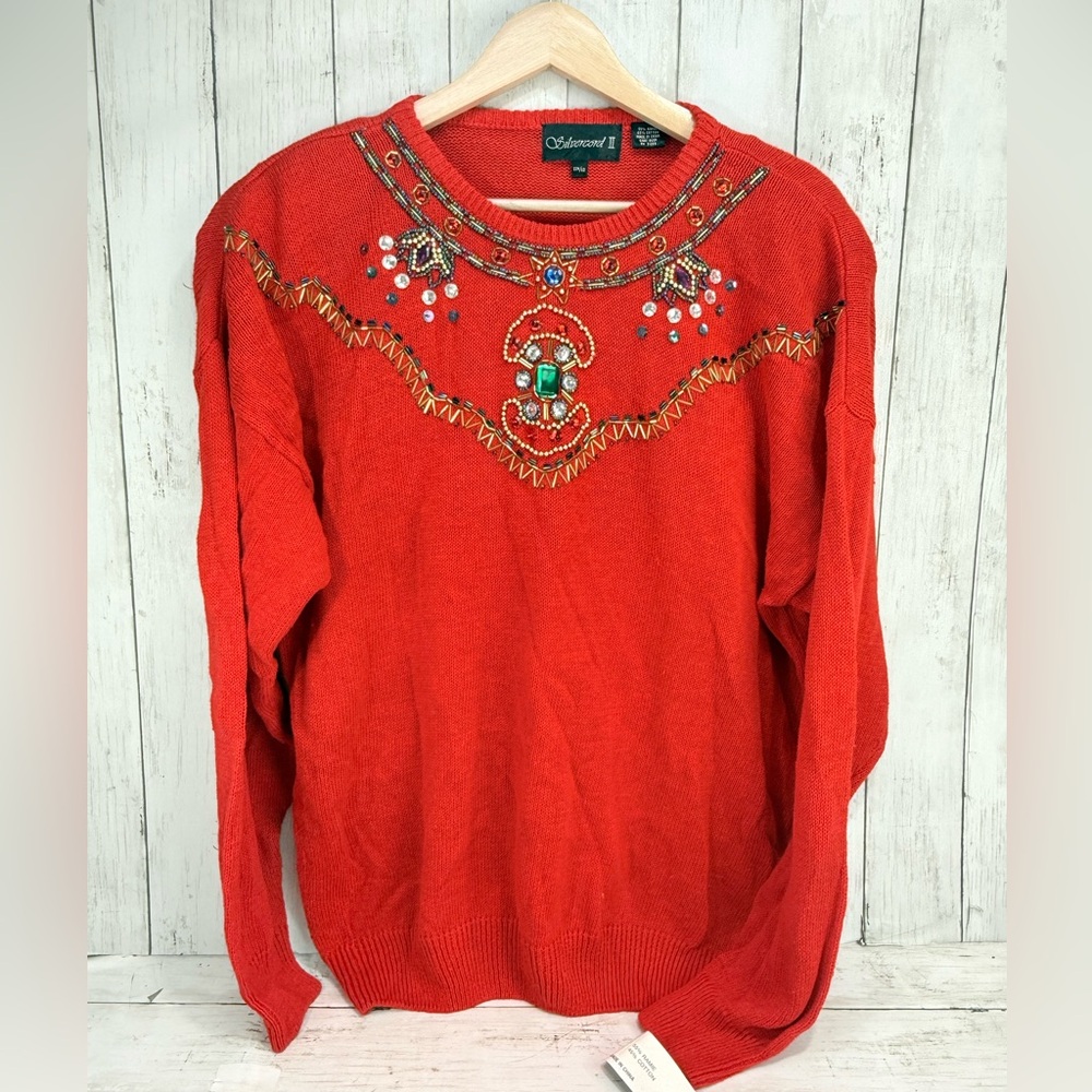 New Vintage 80s Embellished Red Silvercord Plus Size Women’s Sweater 22W artsy